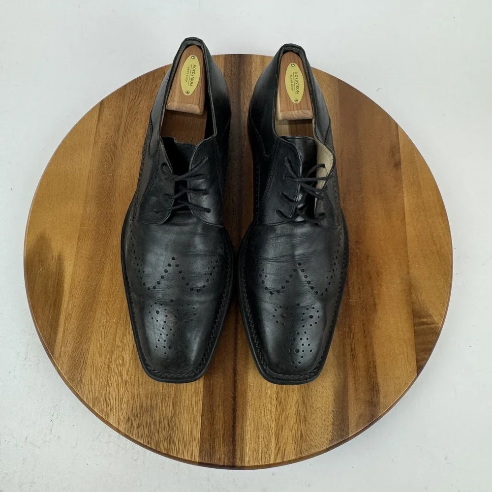 Mens Fosco Black Leather Wingtip Square Toe Formal Brogue Dress Shoes Size EU 44